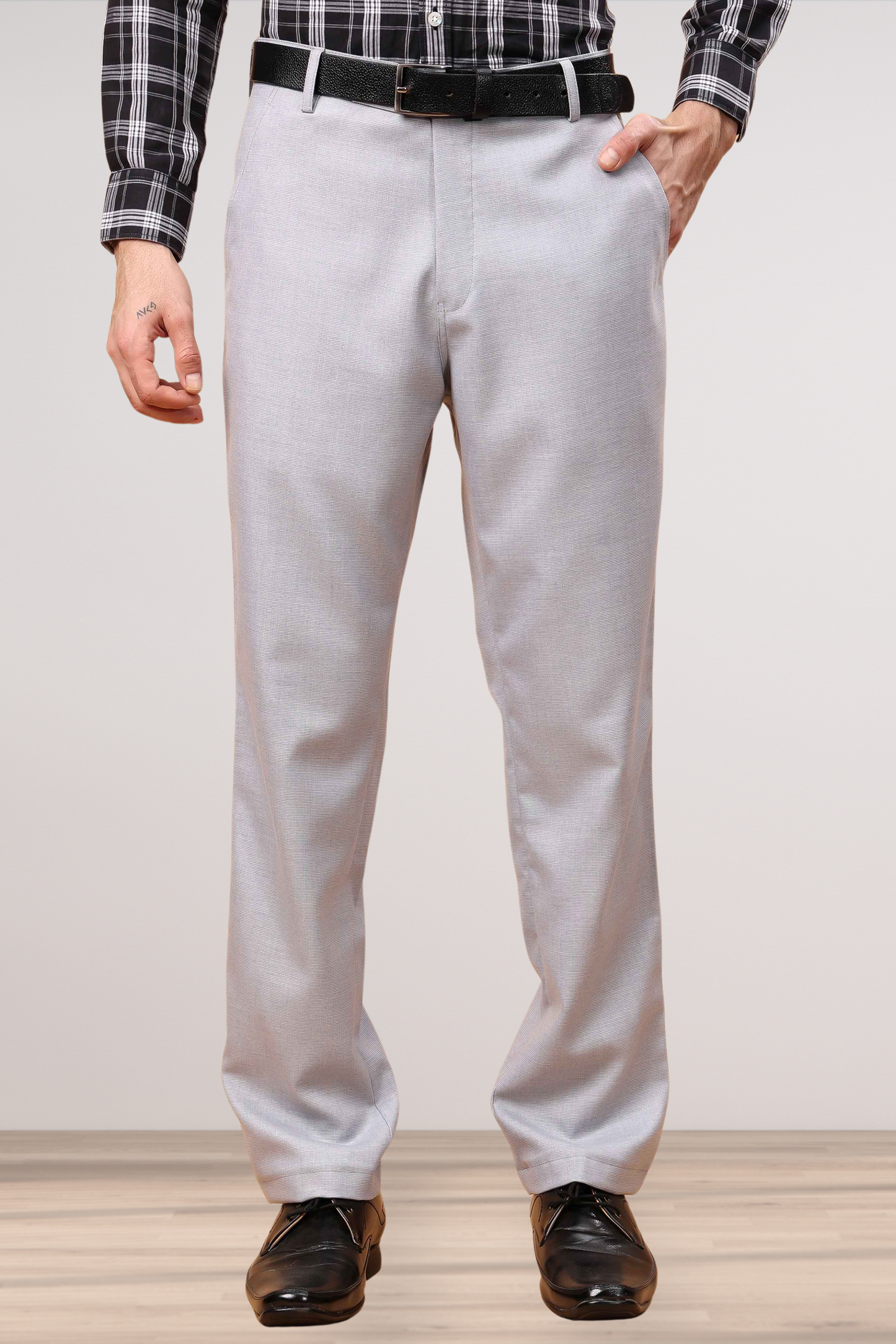 Grey Textured Stretch Trousers