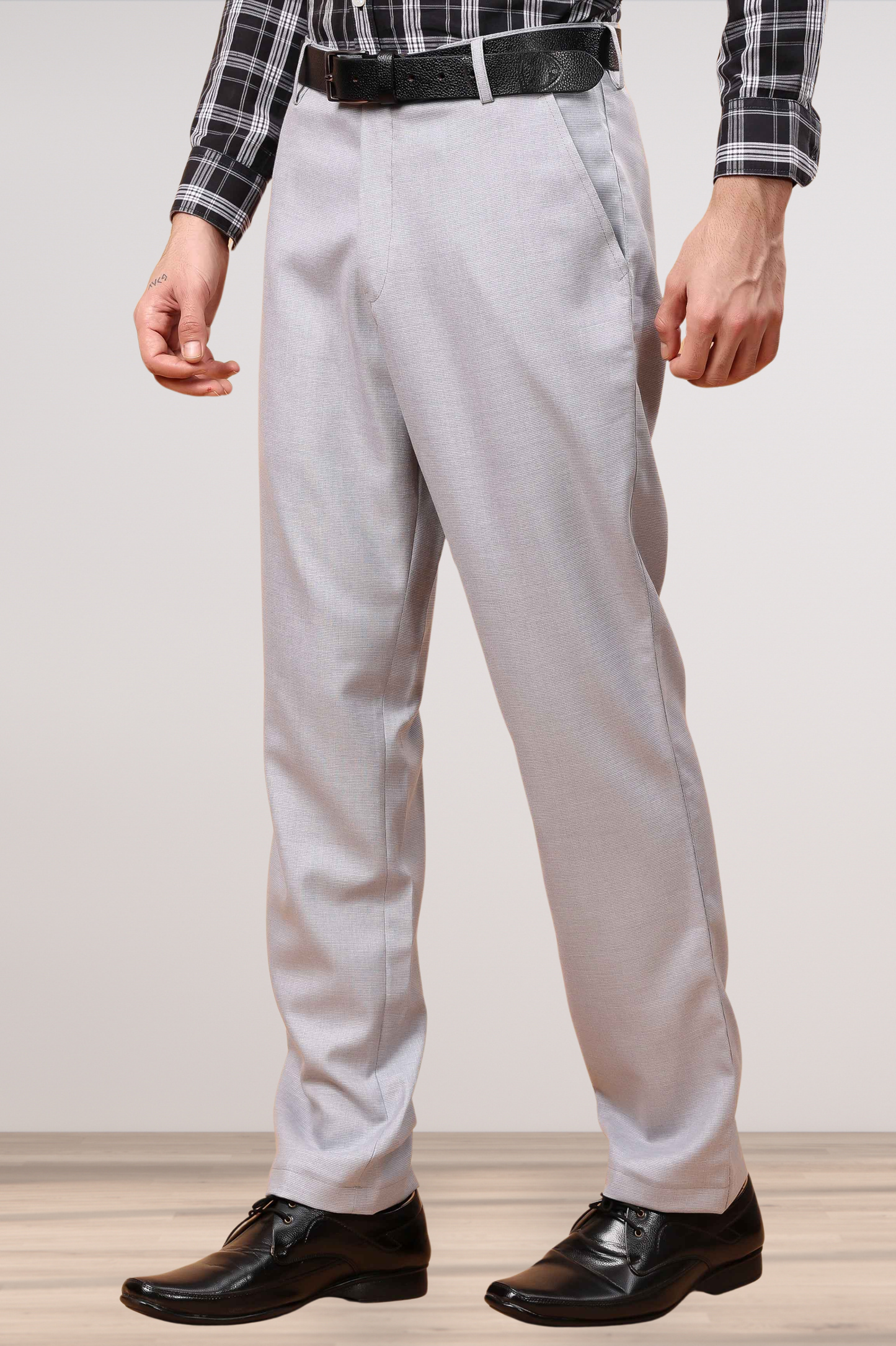 Grey Textured Stretch Trousers