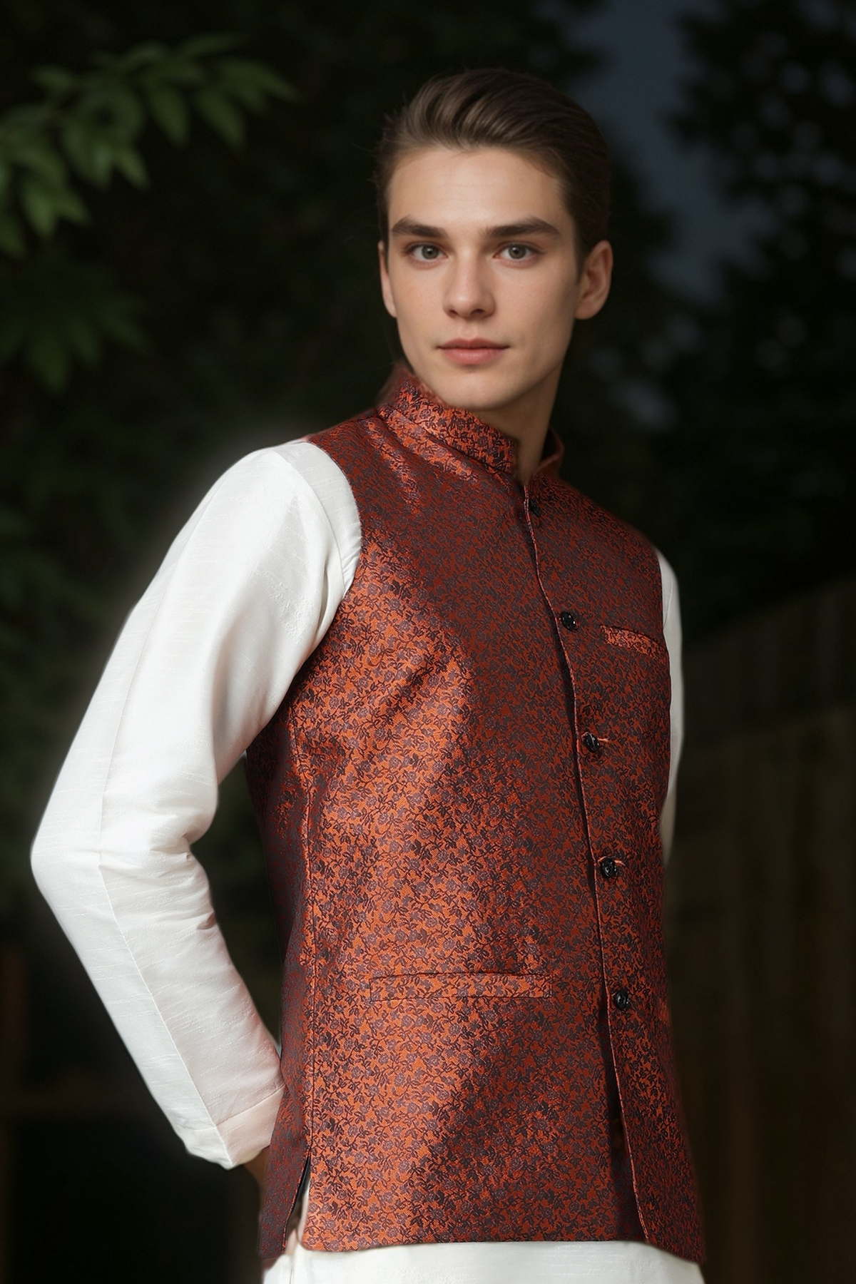 Buy Plus Size ​Celebratory Rust Brocade Vasket At Apella | Sizes XS to 10 XL | India | Free Delivery | Customized