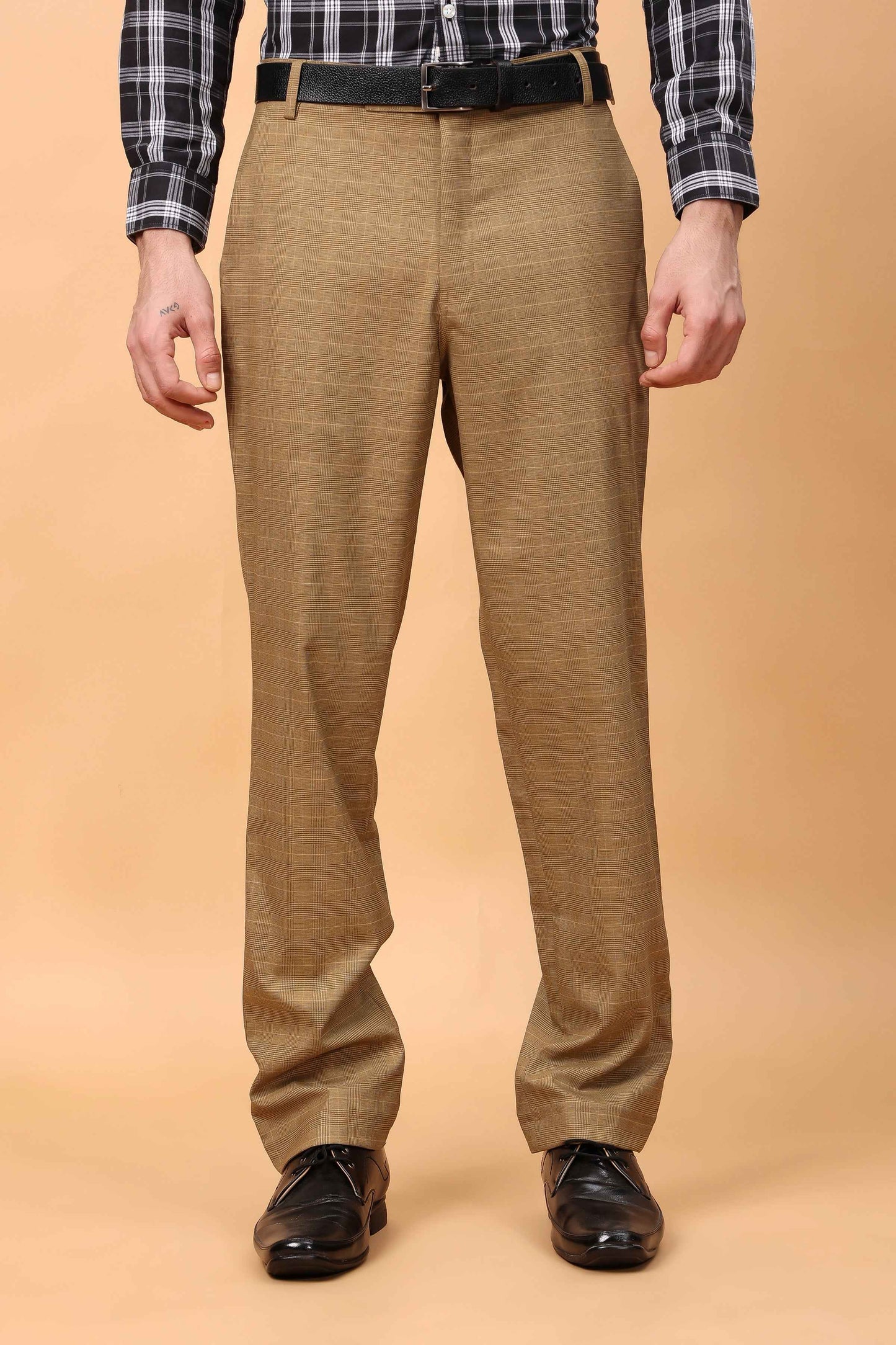 Warm Beige Checked Formal Trousers XS
