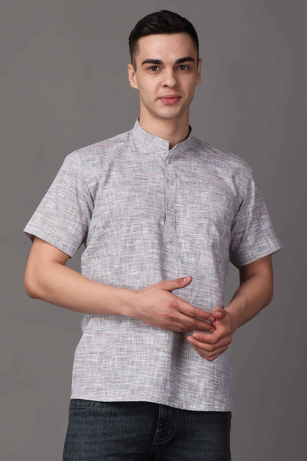 Buy Plus Size ​Opulent Grey Linen Short Kurta At Apella | Sizes XS to 10 XL | India | Free Delivery | Customized