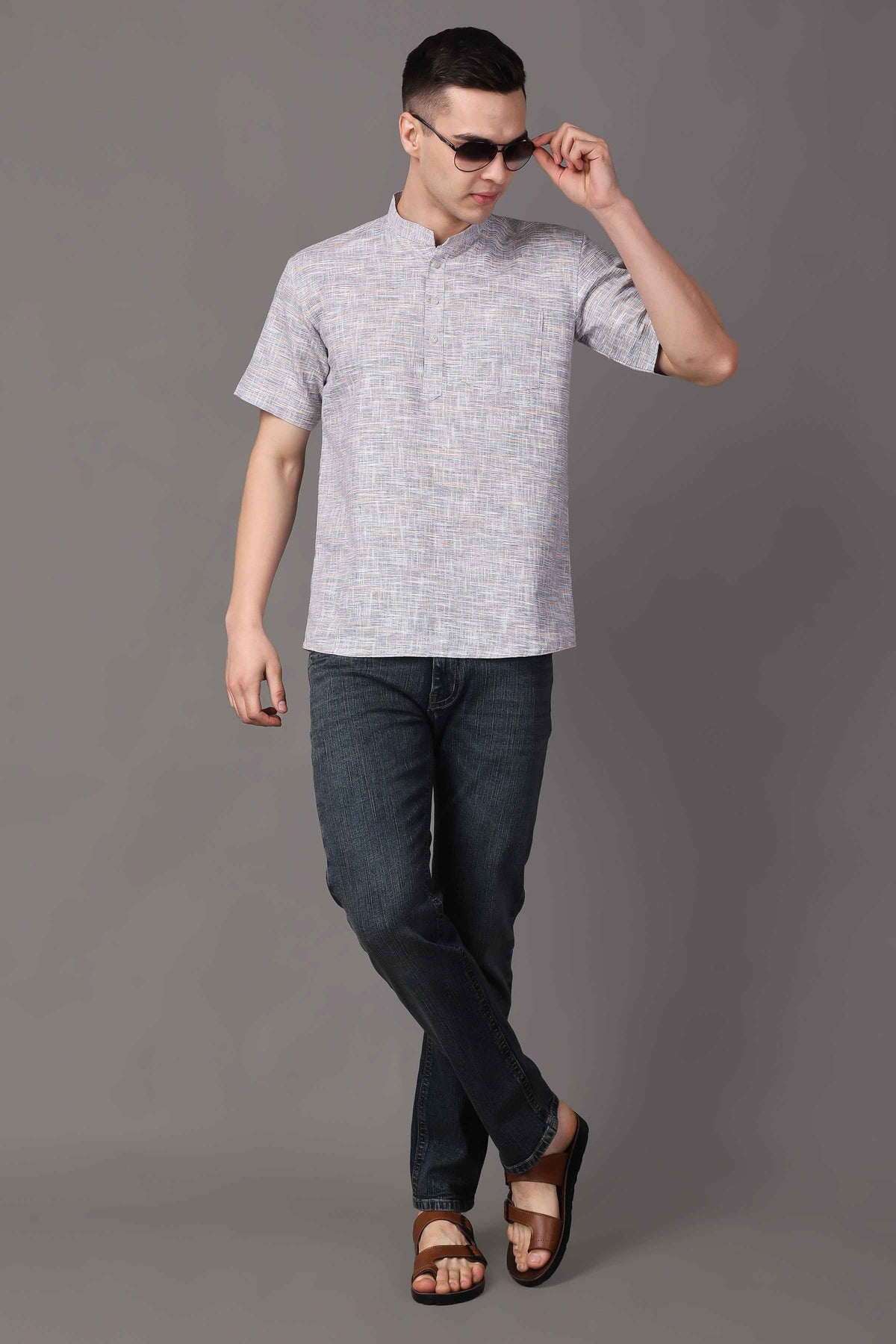 Buy Plus Size ​Opulent Grey Linen Short Kurta At Apella | Sizes XS to 10 XL | India | Free Delivery | Customized
