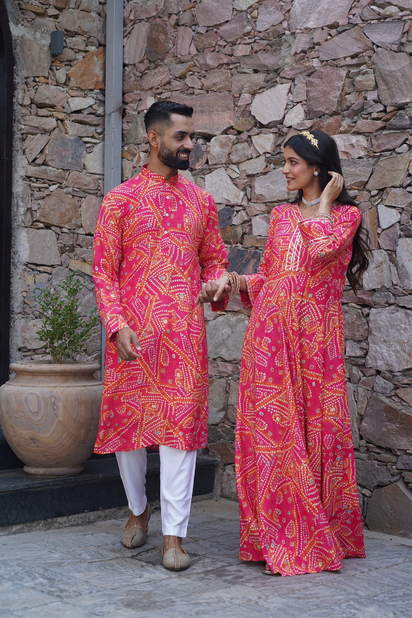 Coral Radiance Foiled Couple Dress