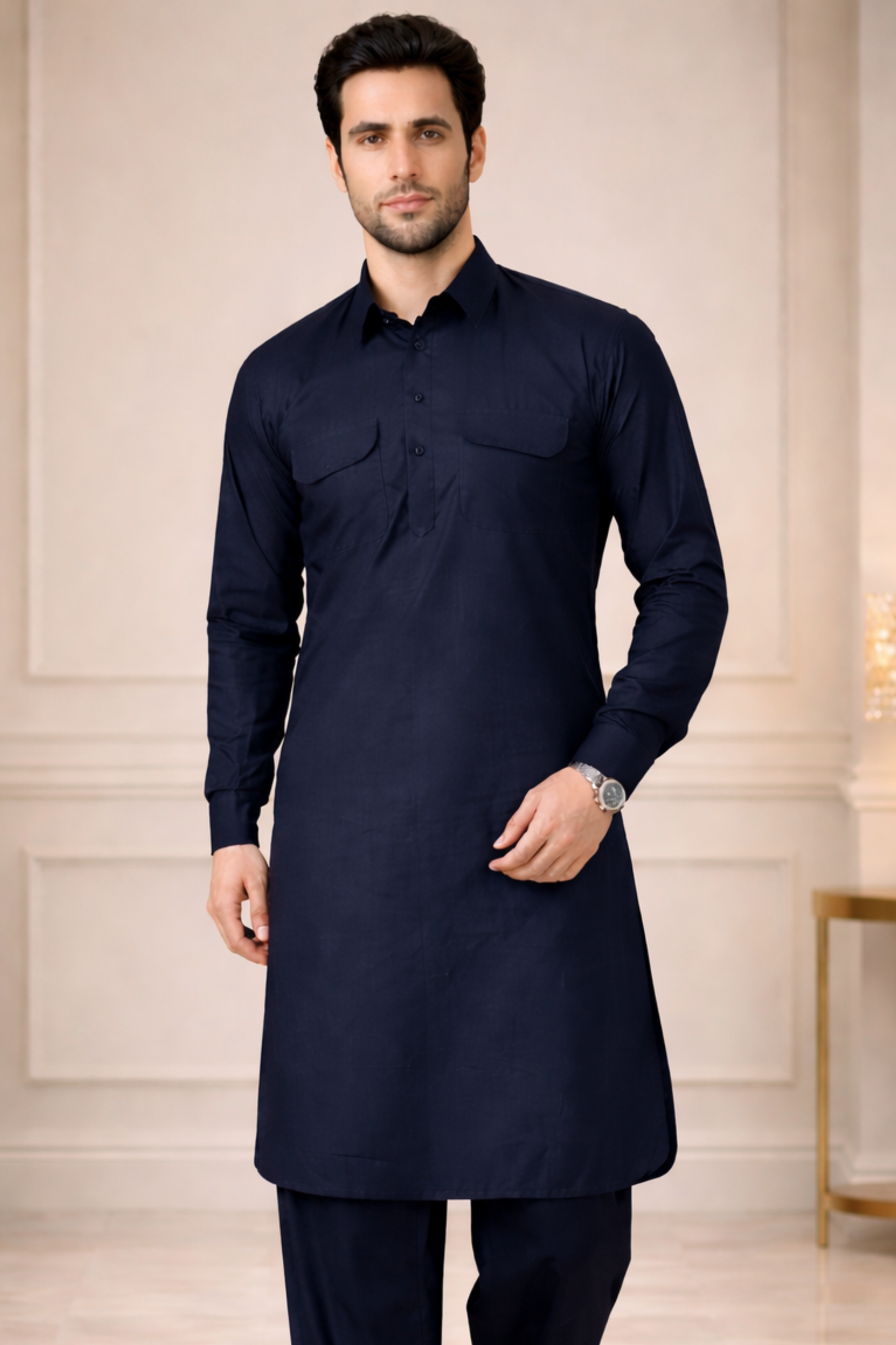 Midnight Navy Cotton Pathani Suit