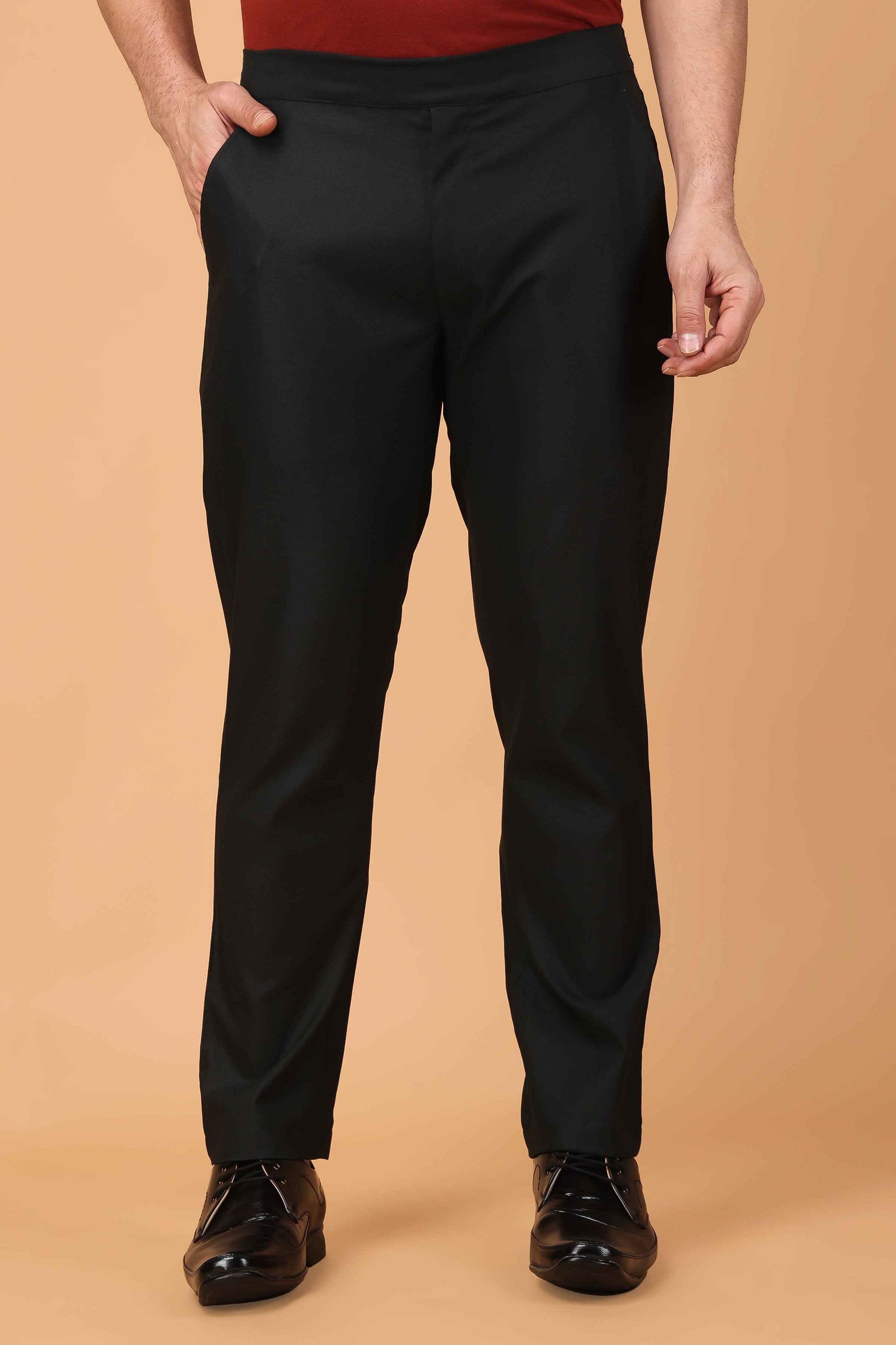 Buy Plus Size ​Midnight Black Comfort Fit Trousers At Apella | Sizes XS to 10 XL | India | Free Delivery | Customized