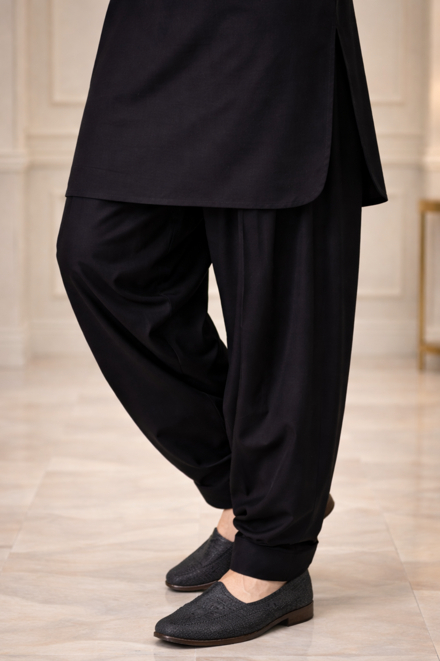 Midnight Black Cotton Pathani Suit
