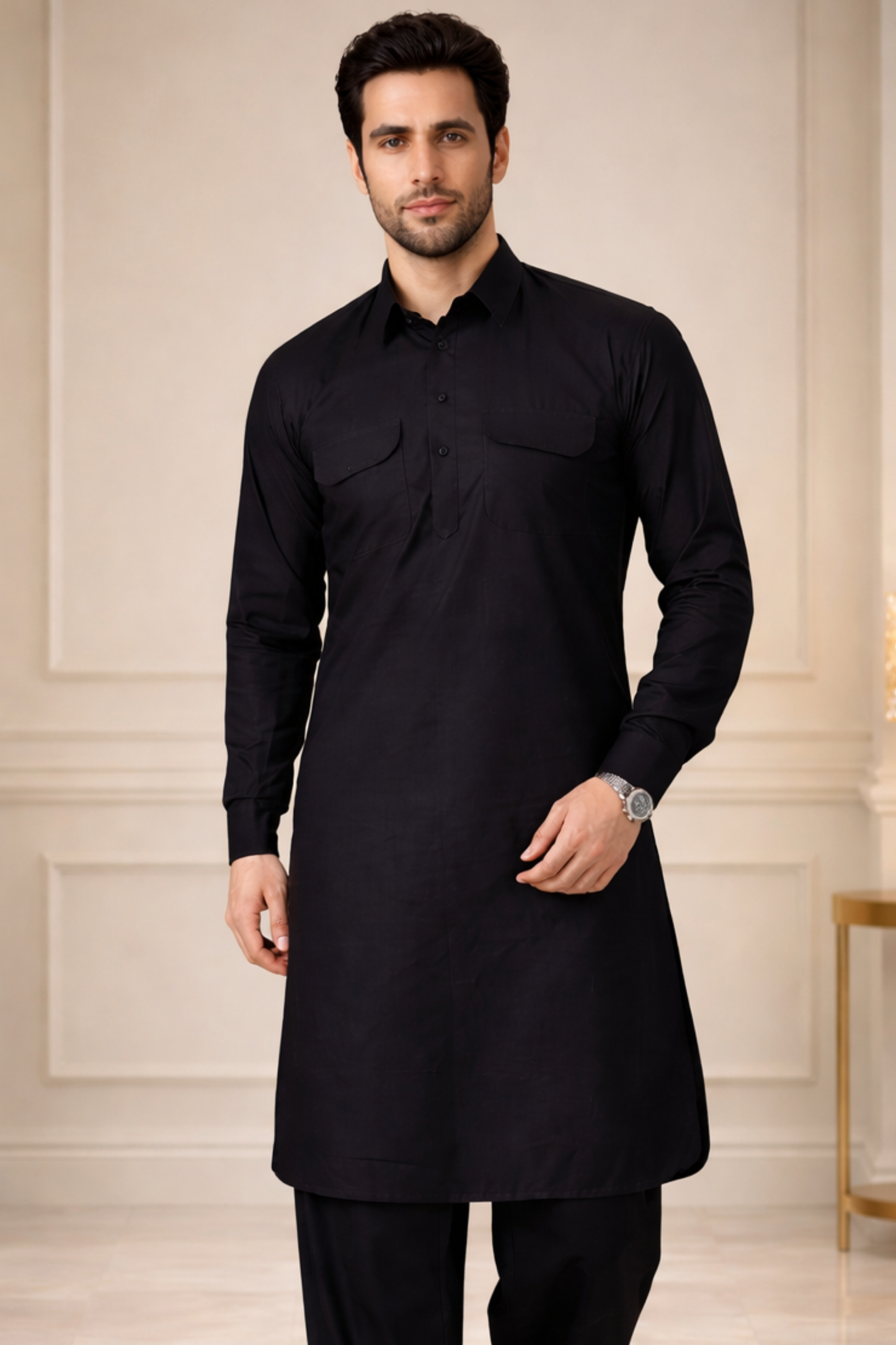 Midnight Black Cotton Pathani Suit