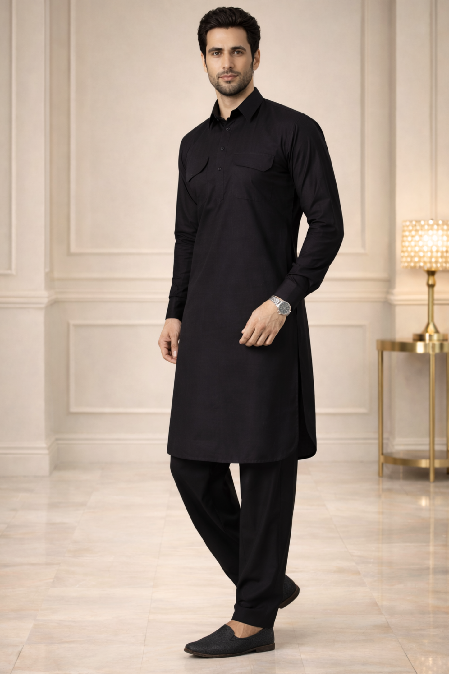 Midnight Black Cotton Pathani Suit
