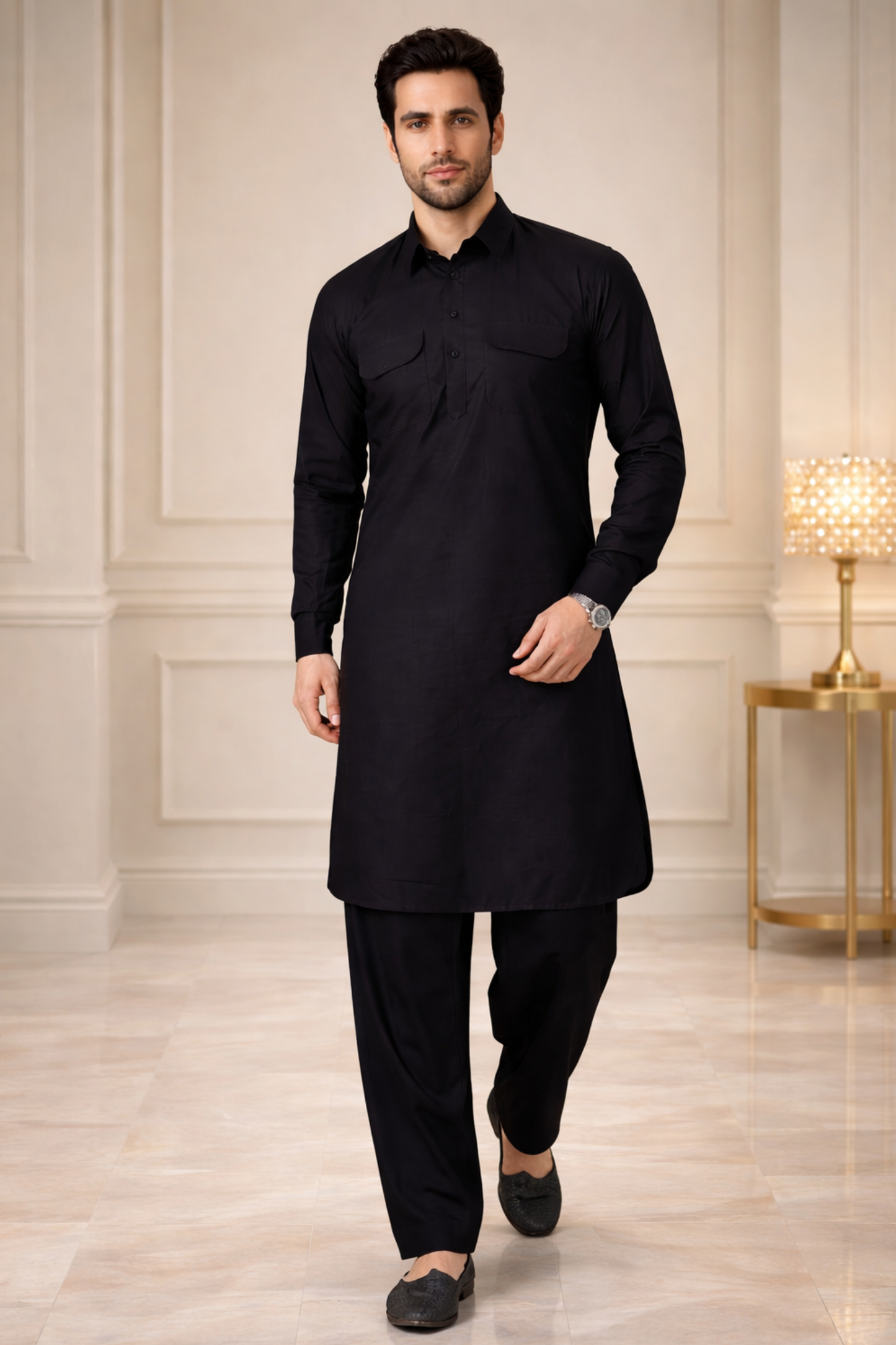 Midnight Black Cotton Pathani Suit