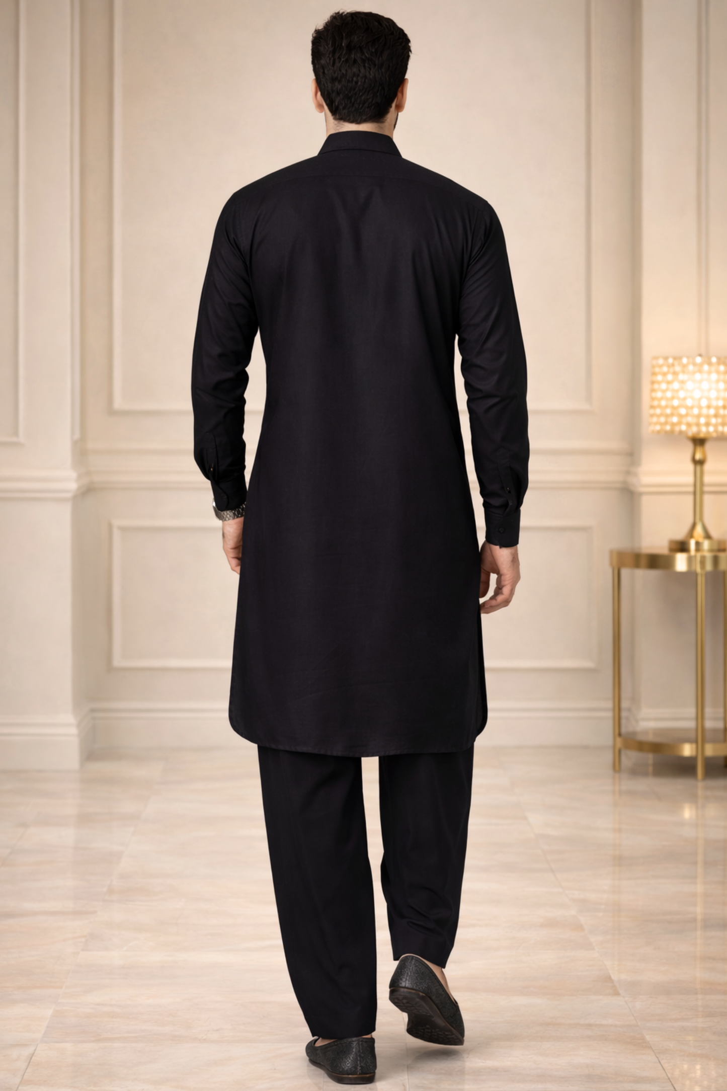 Midnight Black Cotton Pathani Suit