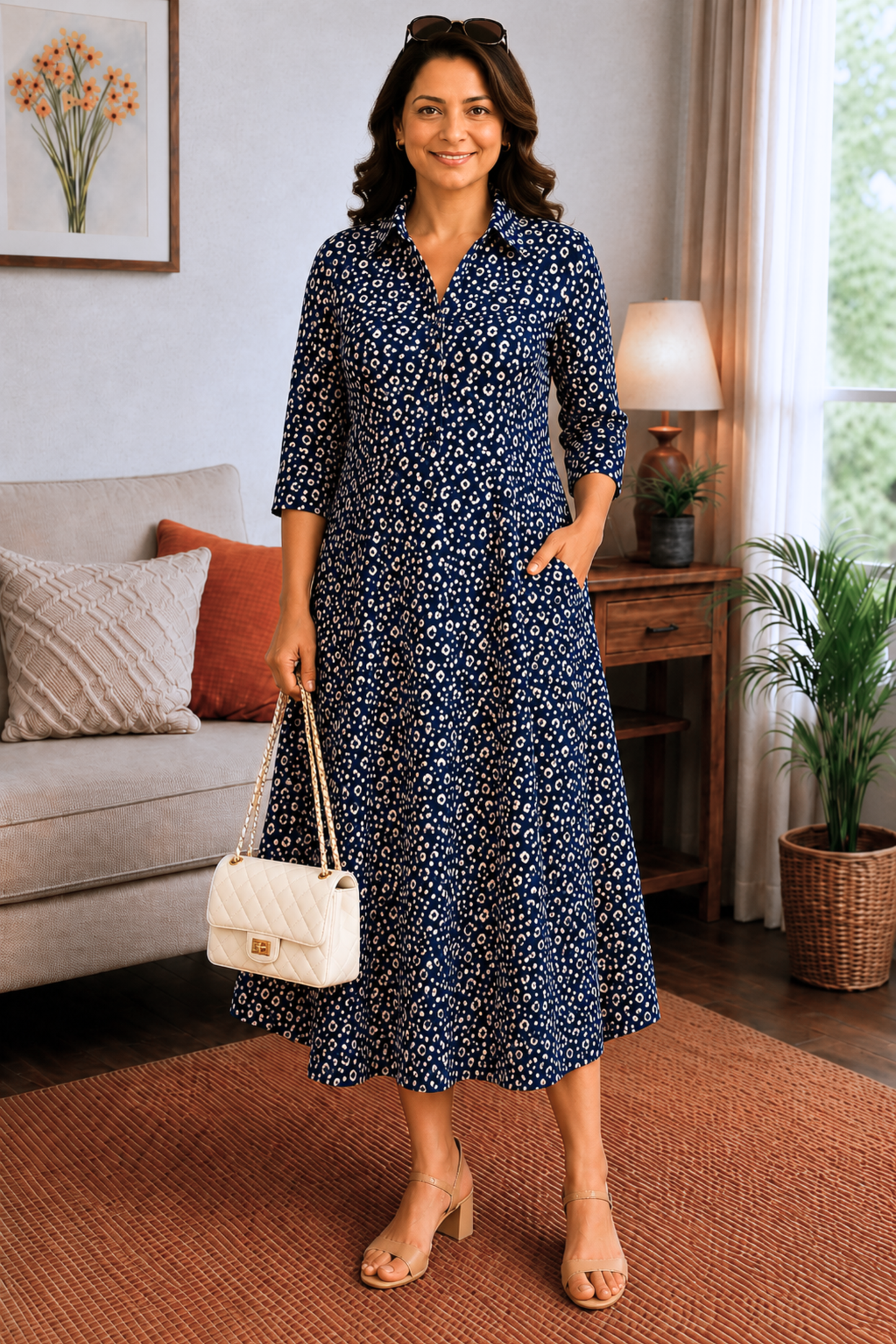 Midnight Dots Rayon Dress with Pockets