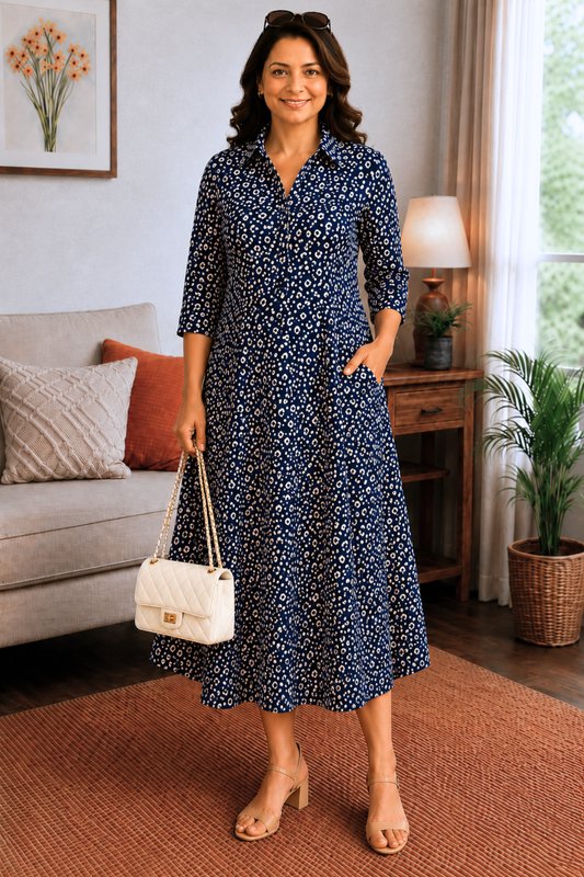 Midnight Dots Rayon Dress with Pockets