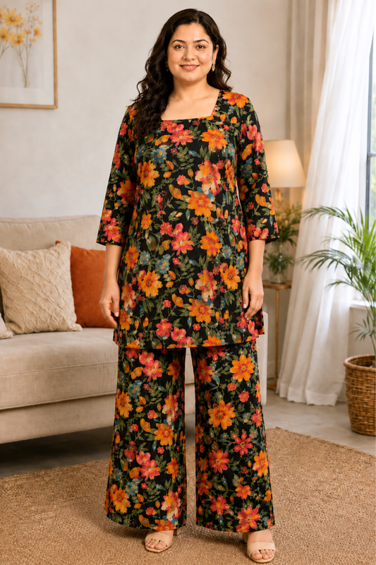 Midnight Fleur Foiled Rayon Co-ord Set