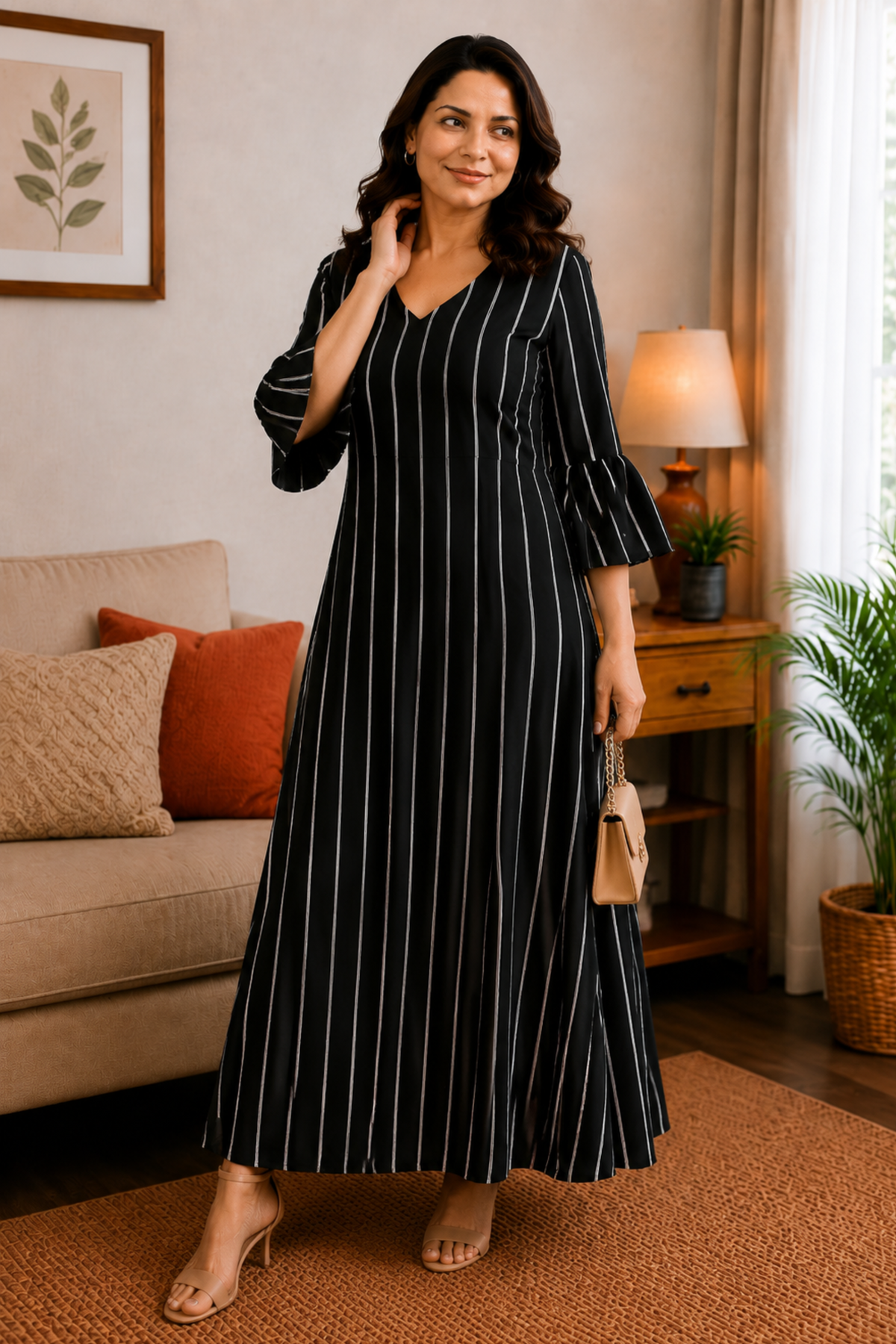 Midnight Stripe Rayon Dress With Pockets
