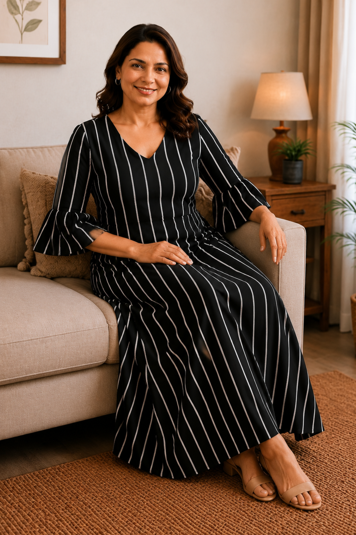 Midnight Stripe Rayon Dress With Pockets