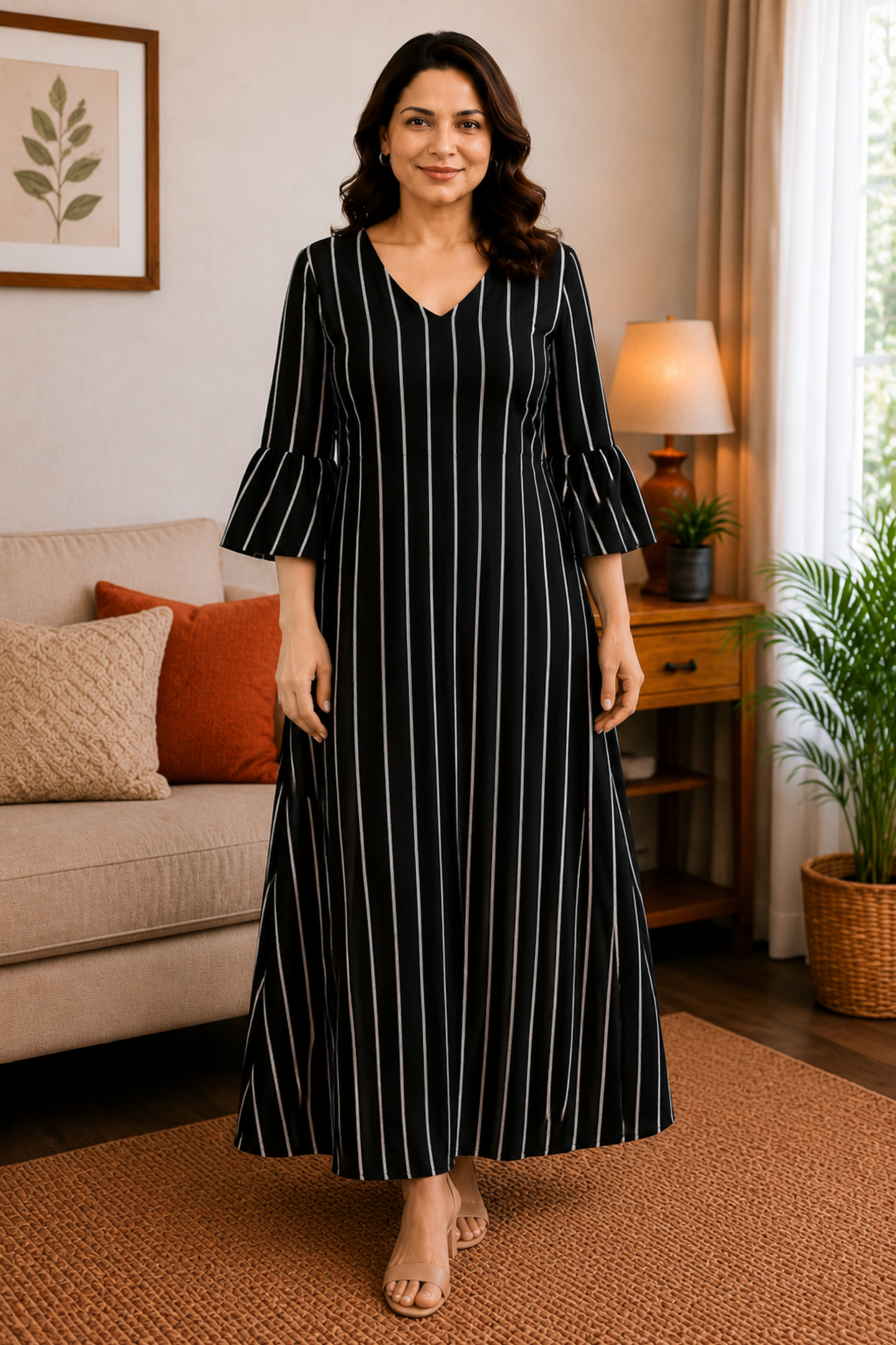 Midnight Stripe Rayon Dress With Pockets