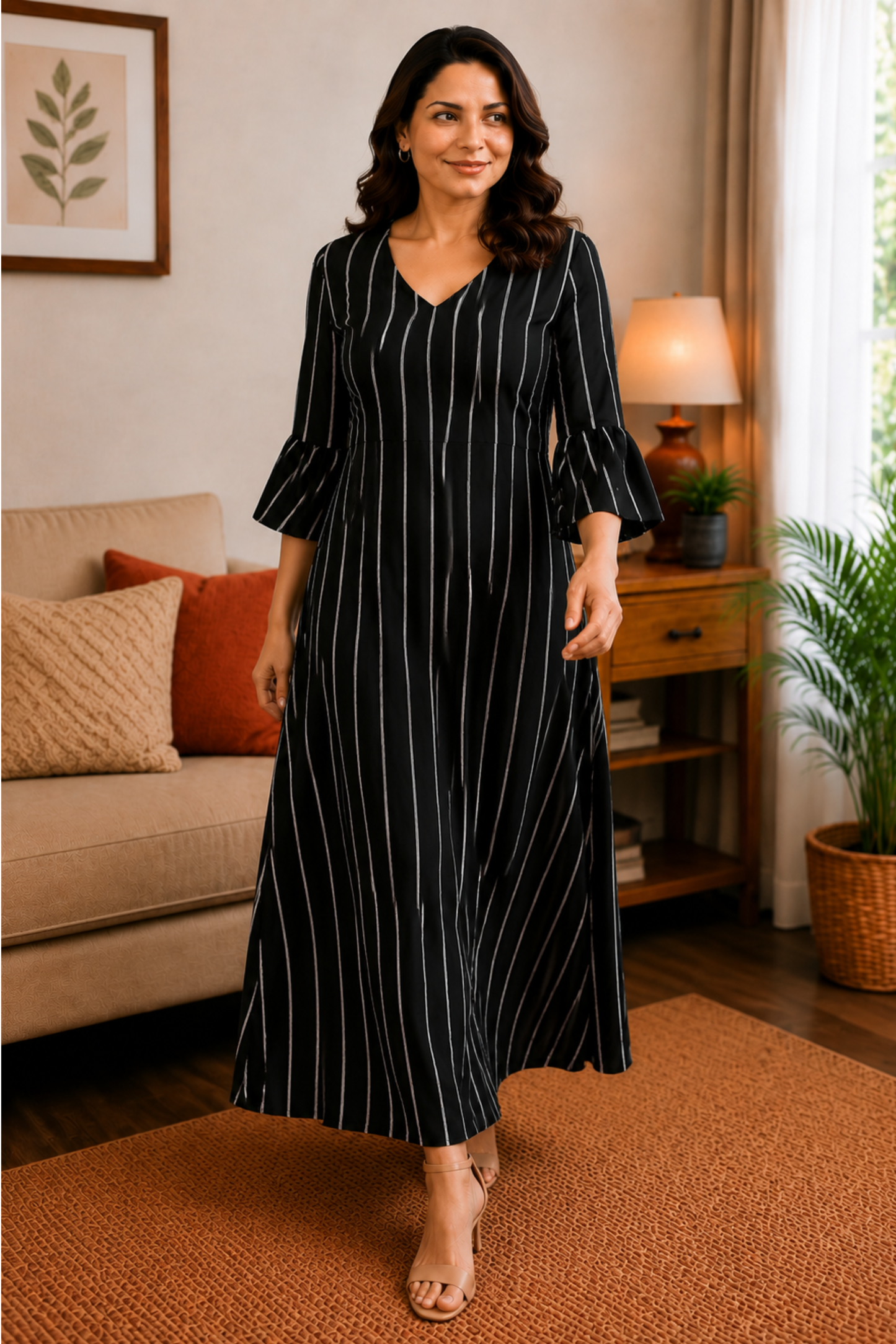 Midnight Stripe Rayon Dress With Pockets