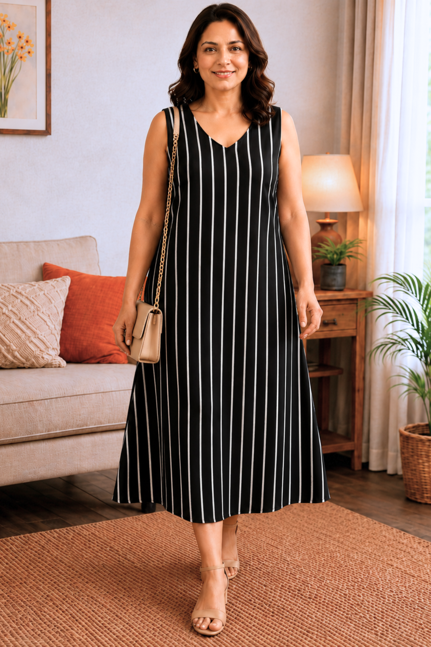 Midnight Stripe Rayon Dress with Pockets