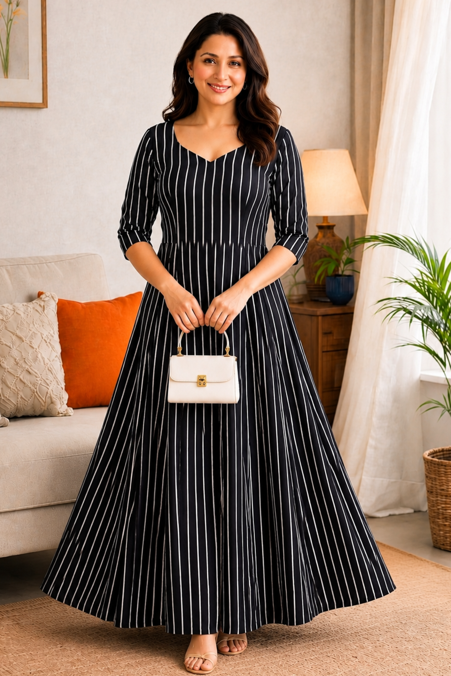 Midnight Stripe Rayon Dress With Pockets
