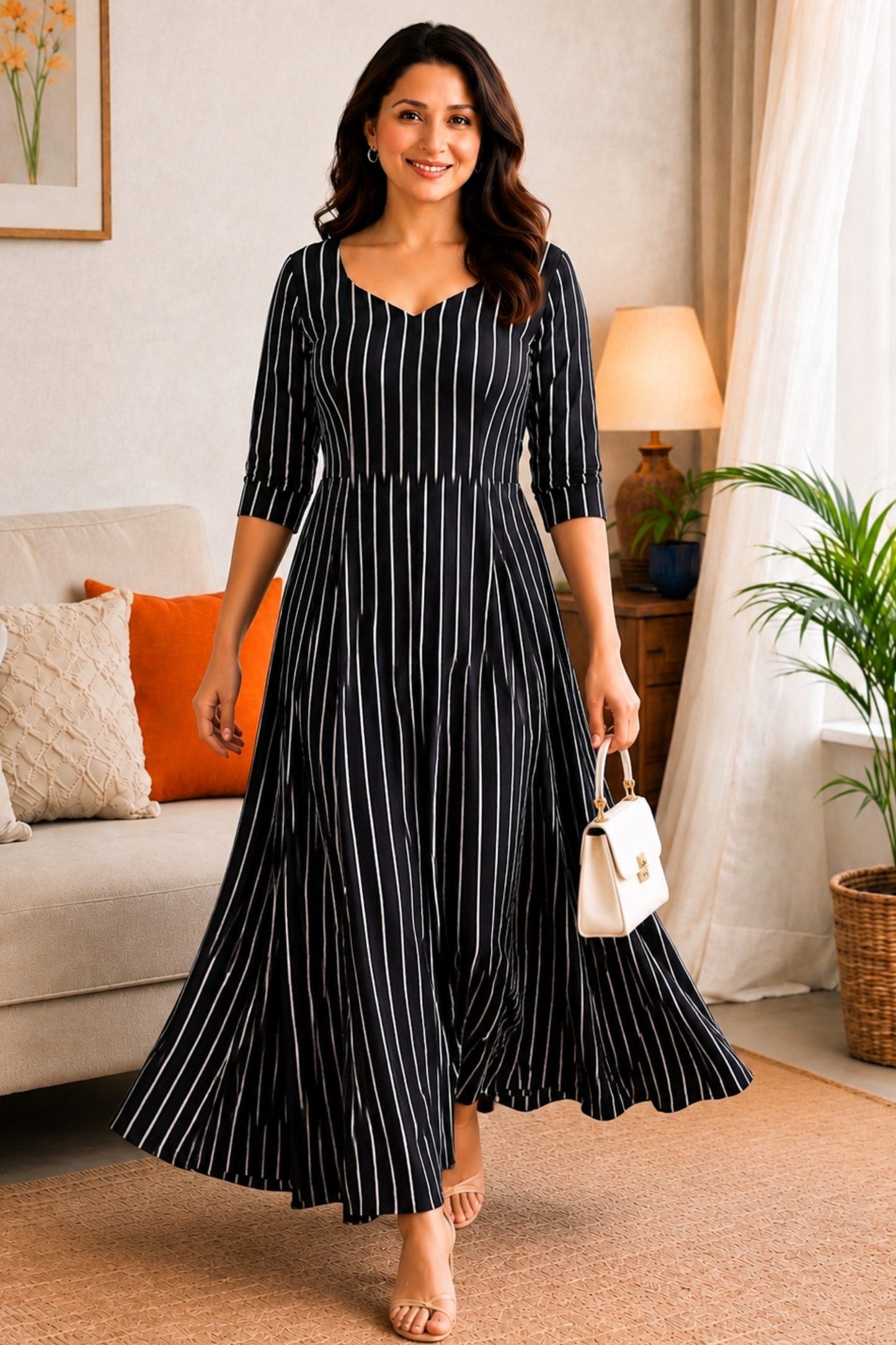 Midnight Stripe Rayon Dress With Pockets