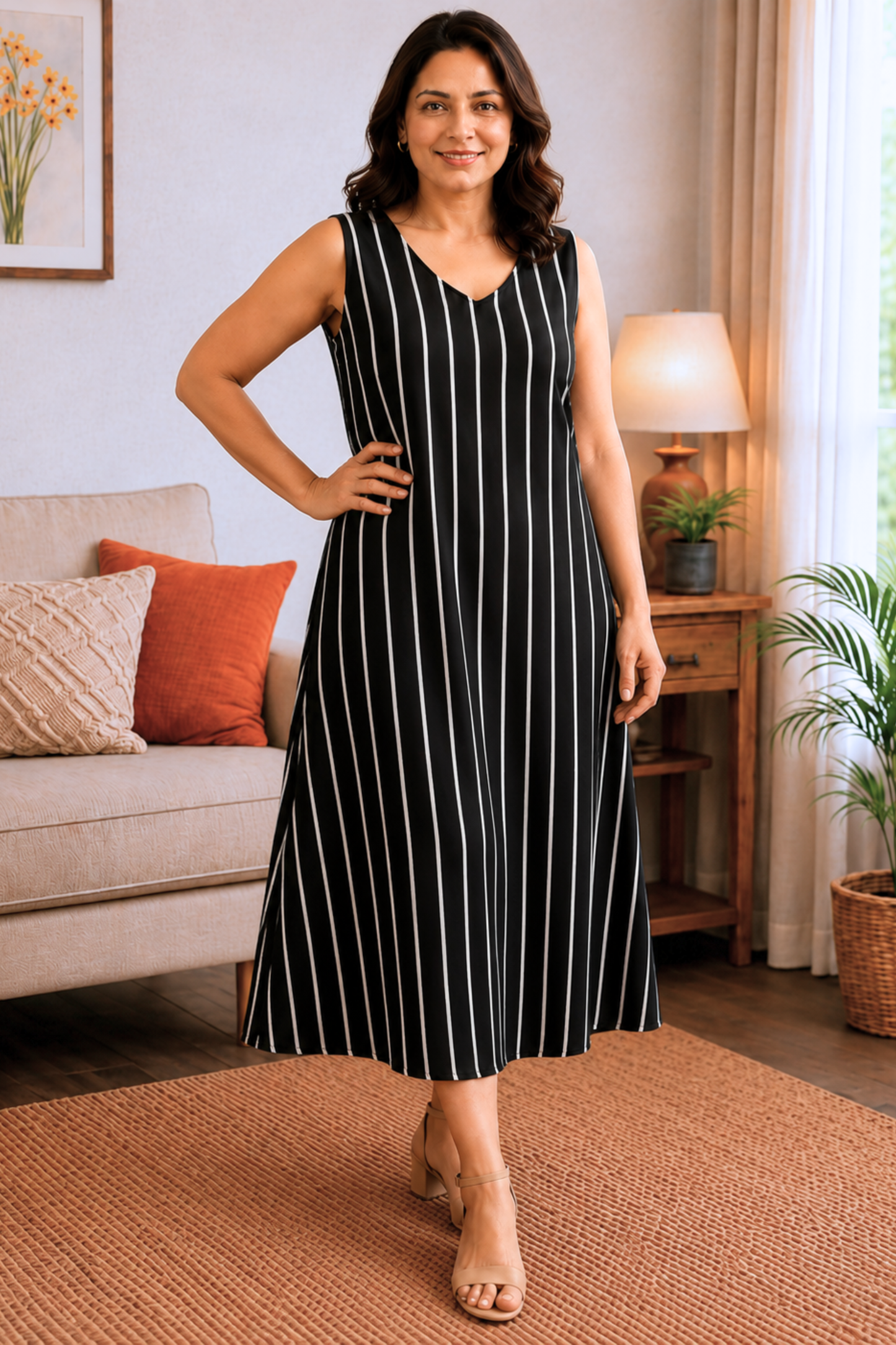Midnight Stripe Rayon Dress with Pockets