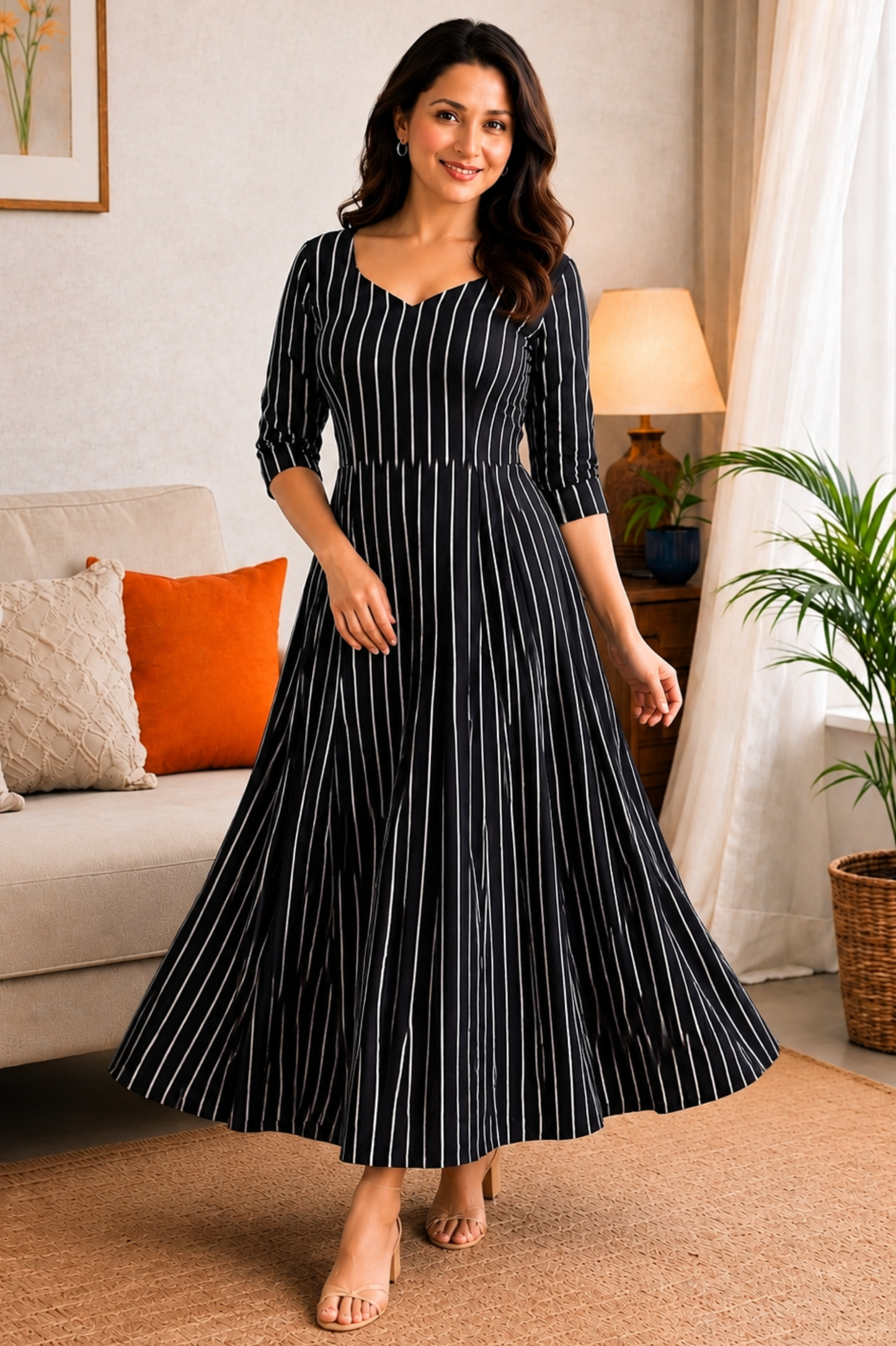 Midnight Stripe Rayon Dress With Pockets