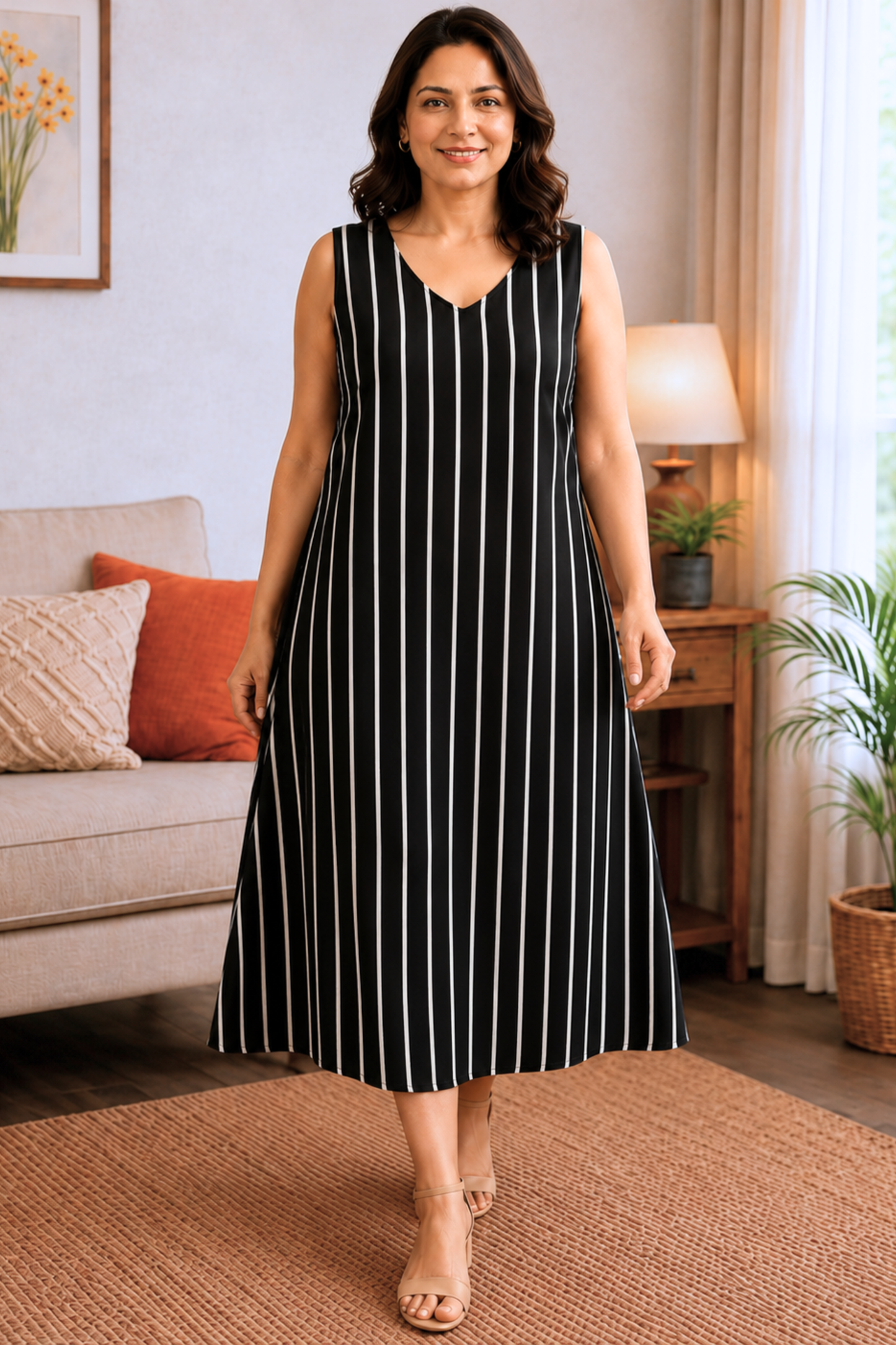 Midnight Stripe Rayon Dress with Pockets