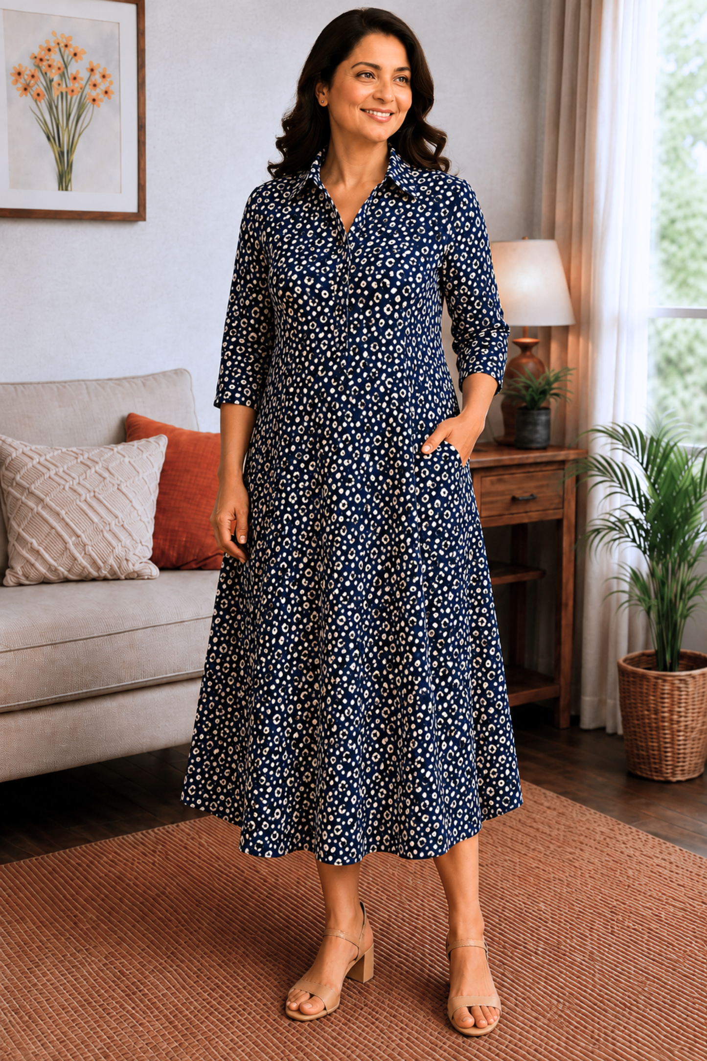 Midnight Dots Rayon Dress with Pockets