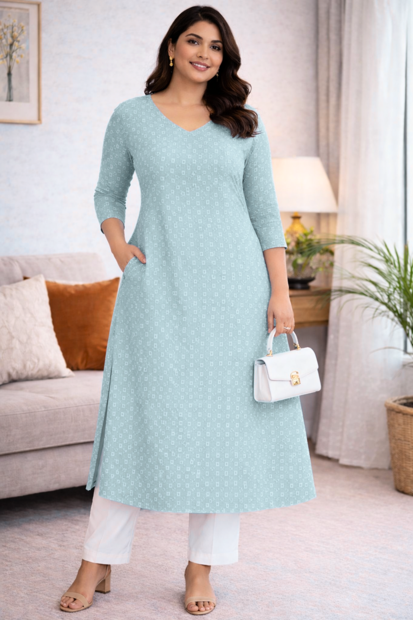 Powder Blue Embroidered Cotton Kurta