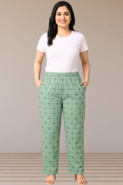 Mint Grid Buta Printed Cotton Pants