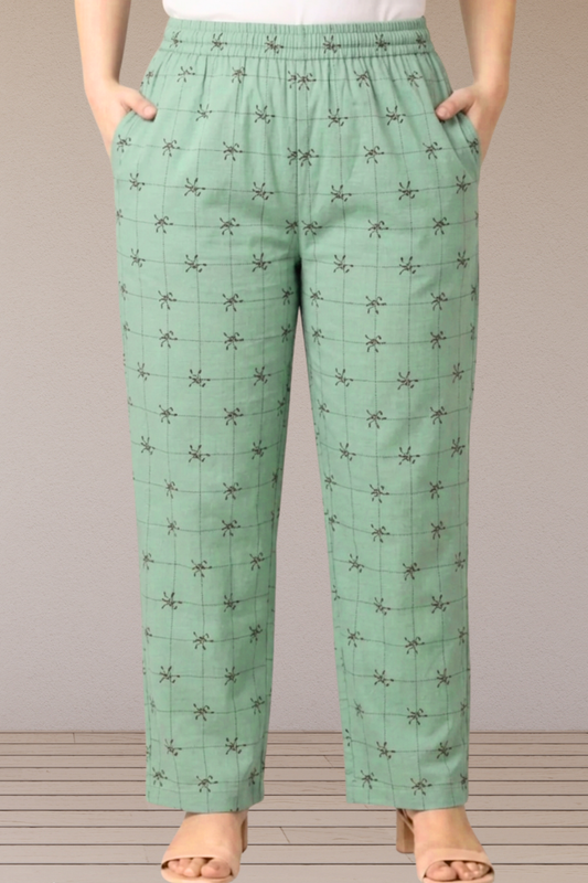 Mint Grid Buta Printed Cotton Pants