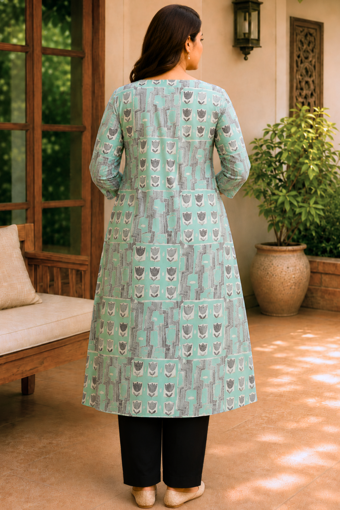 Mint Mosaic Cotton A-Line Kurta