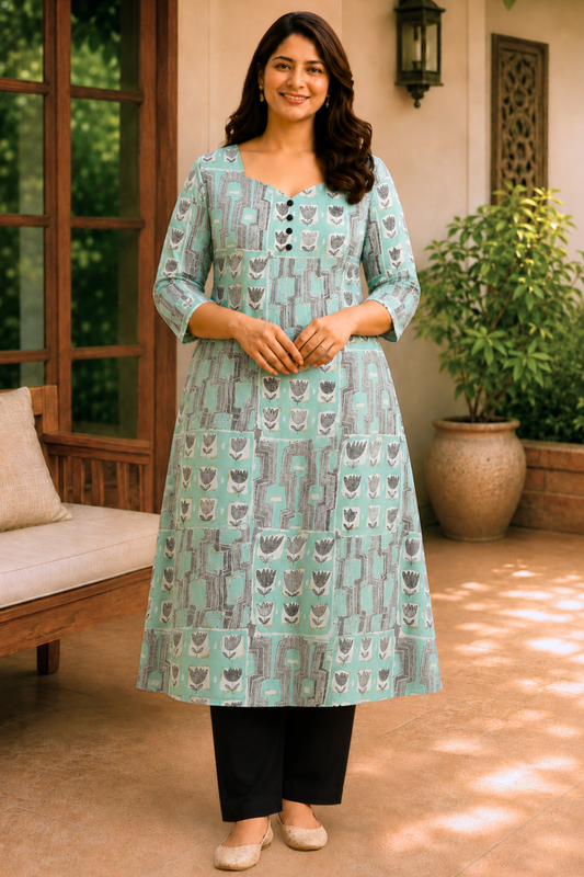 Mint Mosaic Printed A-Line Kurta