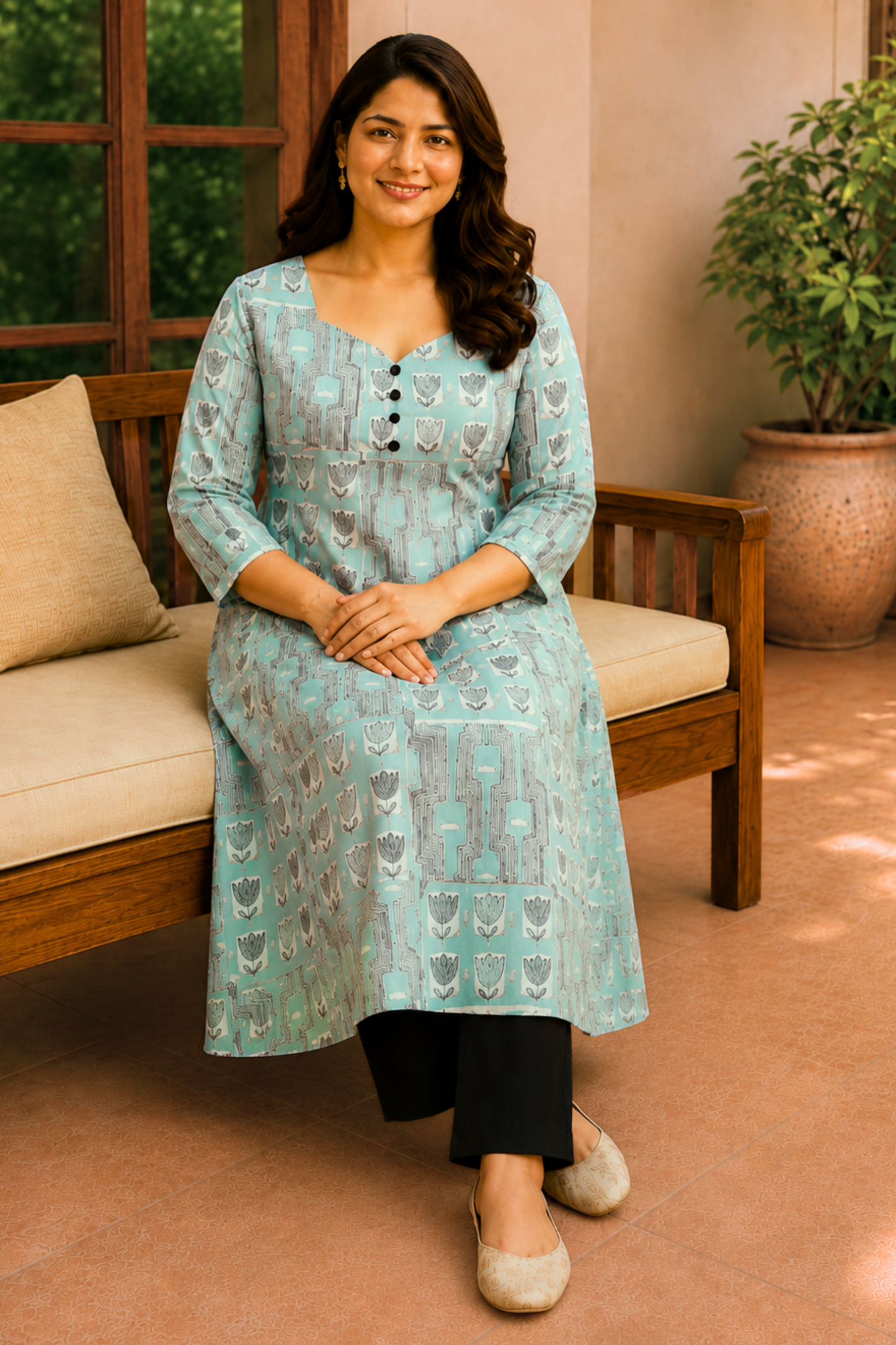 Mint Mosaic Cotton A-Line Kurta