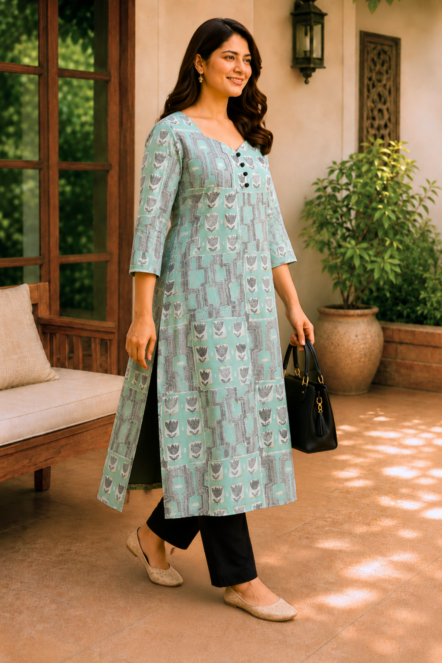Mint Mosaic Cotton A-Line Kurta