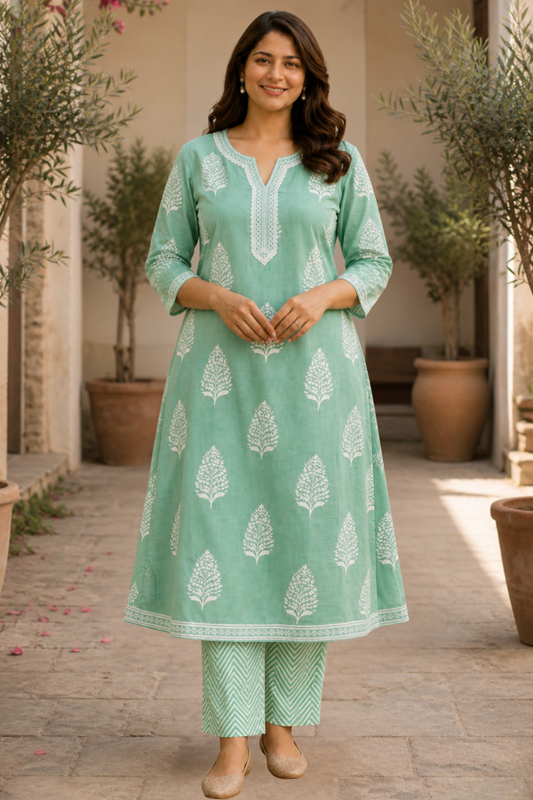 Mint Whisper Kali Kurta With Cotton Pants