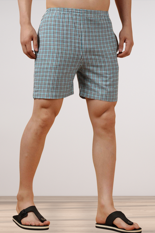 Misty Blue Checked Cotton Shorts
