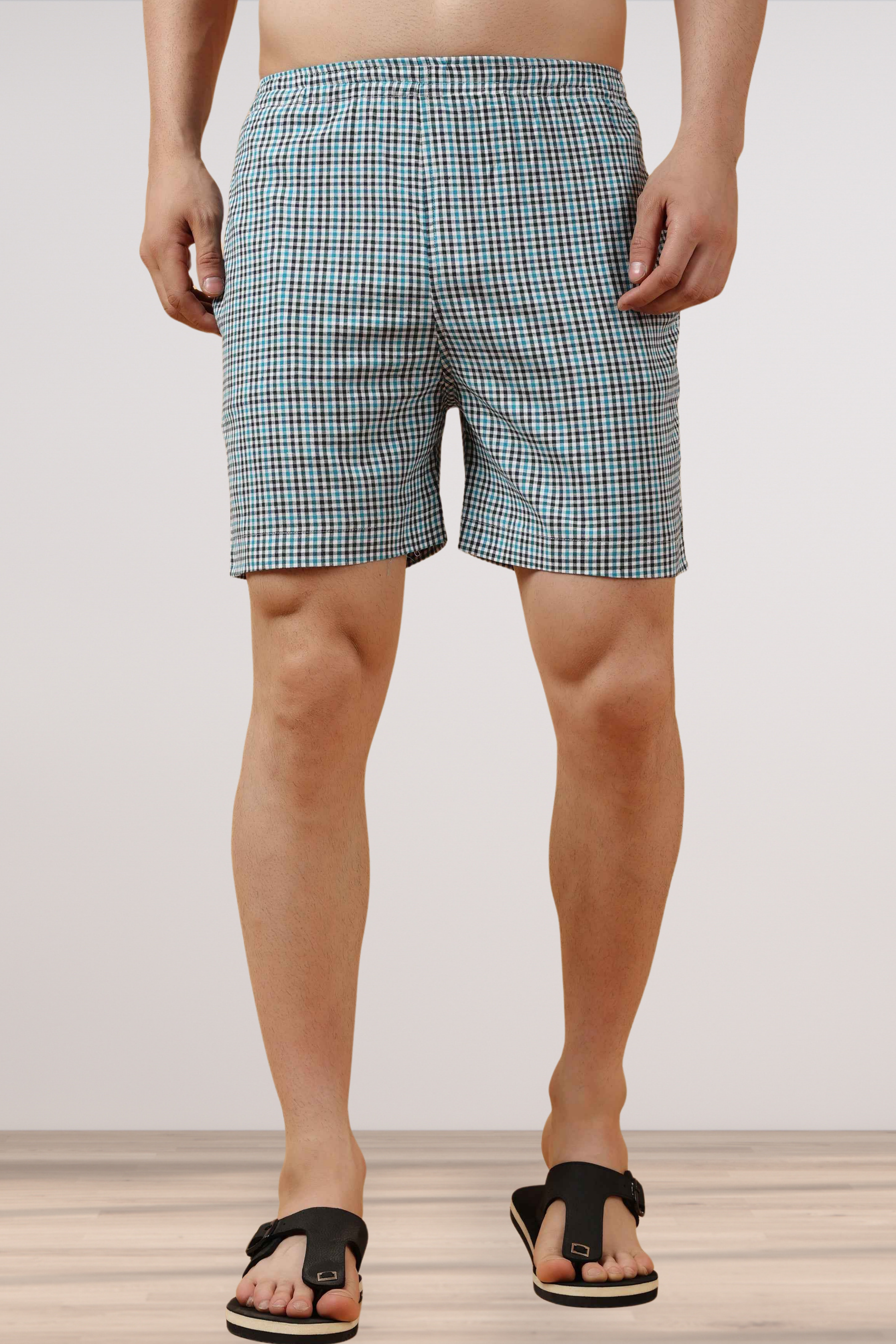 Buy Plus Size ​Misty Blue Checked Cotton Shorts | Apella - The XS