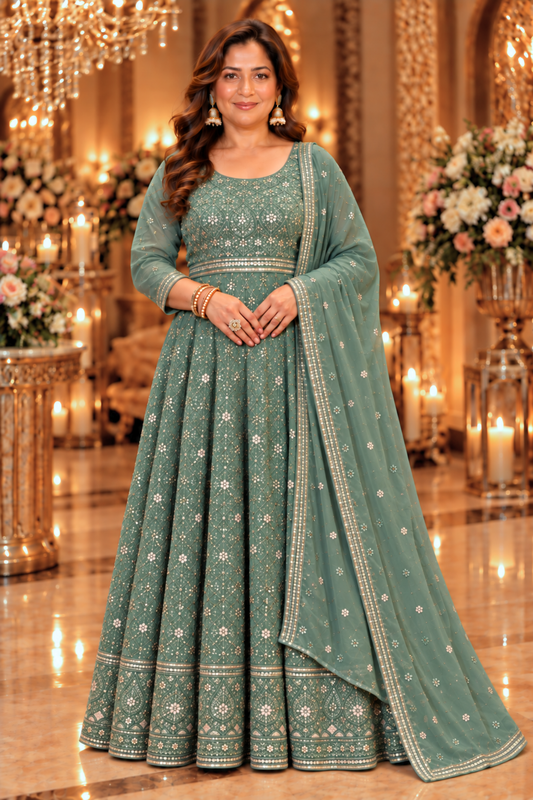 Misty Pistachio Georgette Dress with Dupatta