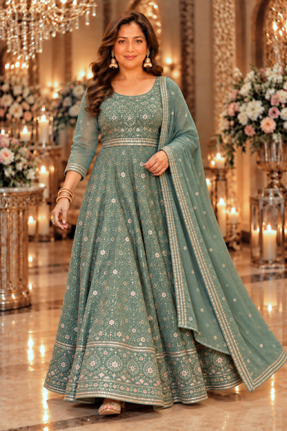 Misty Pistachio Georgette Dress with Dupatta