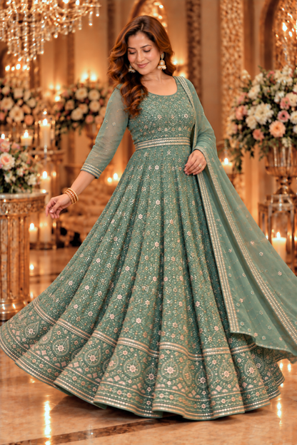 Misty Pistachio Georgette Dress with Dupatta