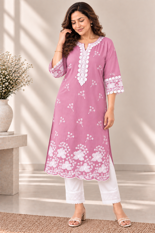 Mrinal Pink Cotton Chikankari Kurta