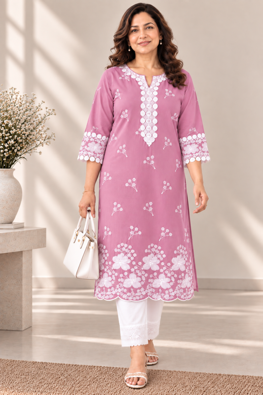 Mrinal Pink Cotton Chikankari Kurta