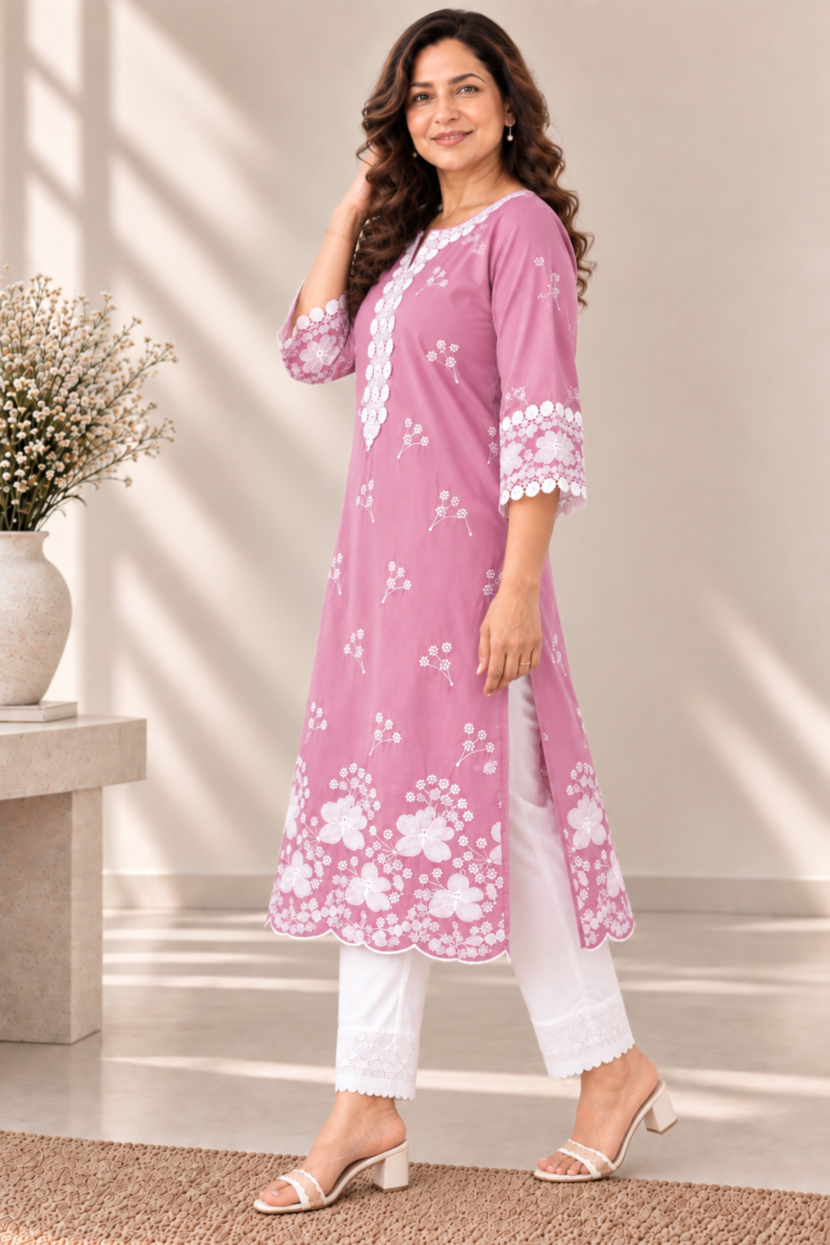 Mrinal Pink Cotton Chikankari Kurta