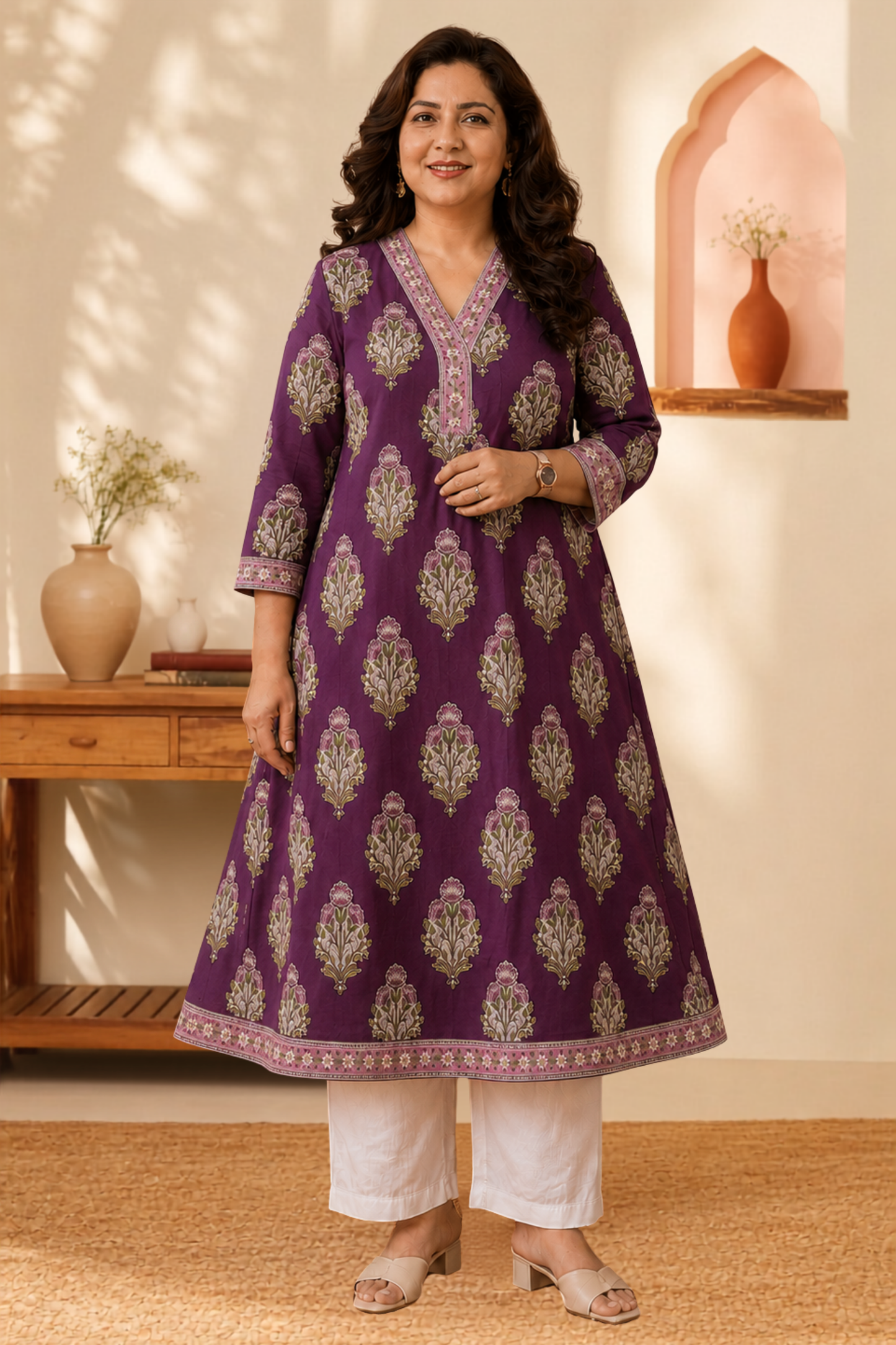 Mulberry Floral A-line Cotton Kurta