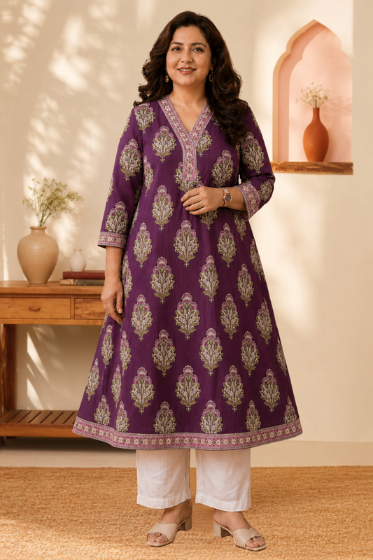 Mulberry Floral A-line Cotton Kurta