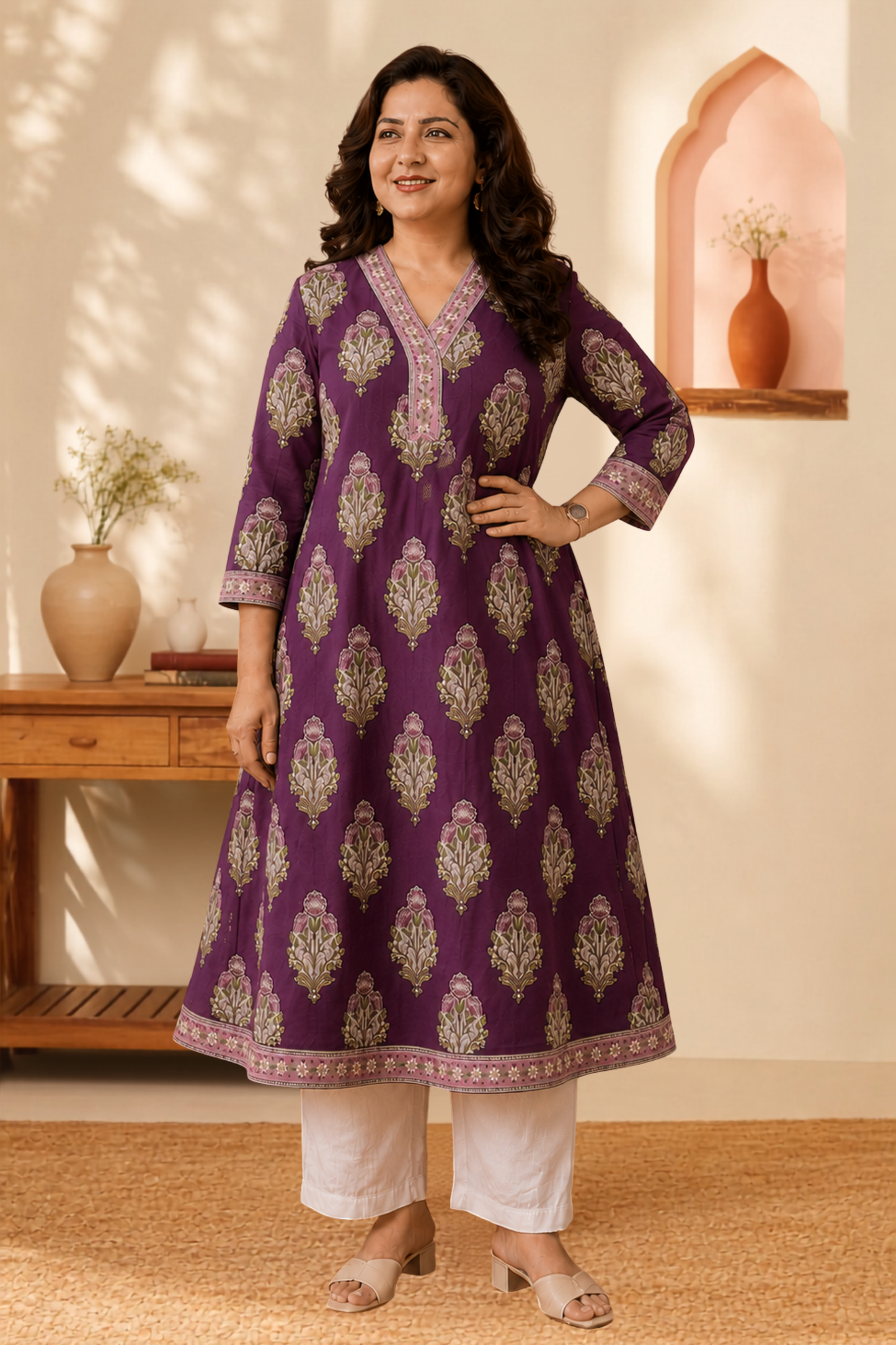 Mulberry Floral A-line Cotton Kurta