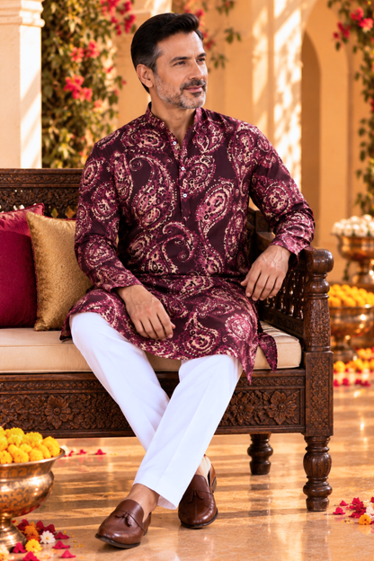 Plum Paisley Printed Rayon Kurta