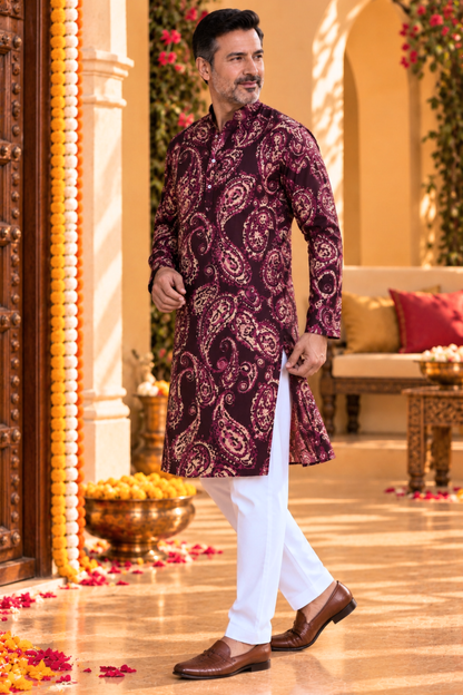 Plum Paisley Printed Rayon Kurta