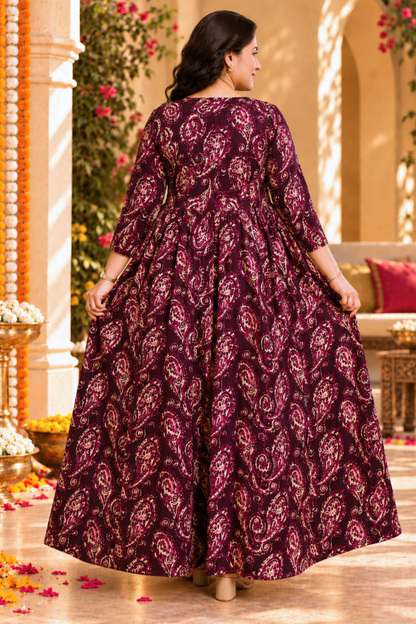 Plum Paisley Foiled Dress With Pockets